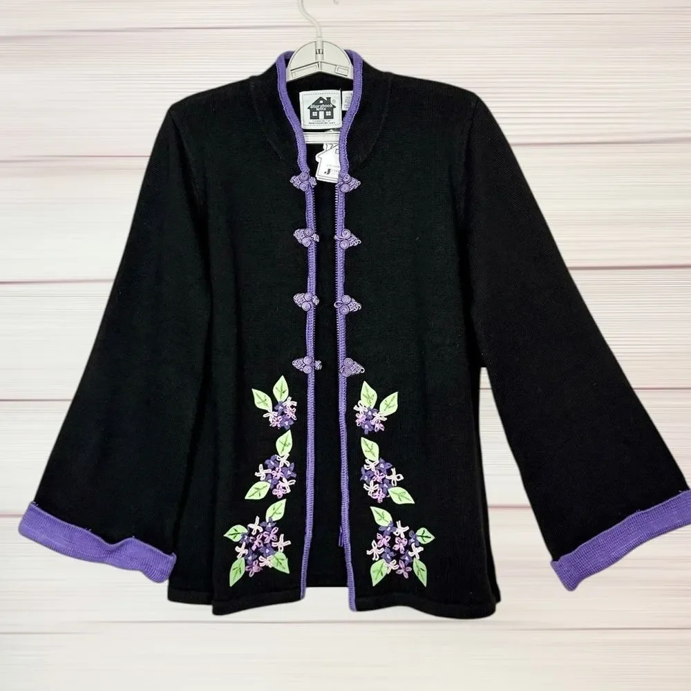 NWT Storybook Knits Black Cardigan Chinese Style Zip Front Embroidered L Vintage - Picture 3 of 14